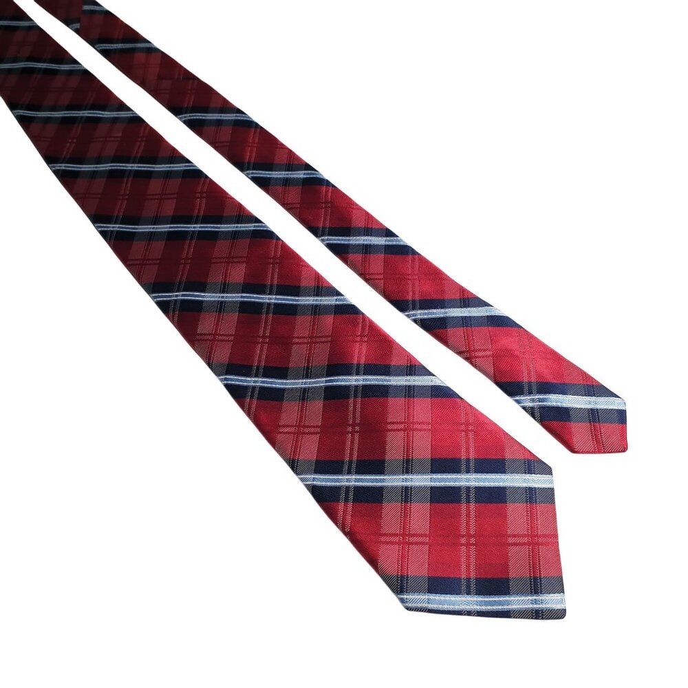 Nautica Red Blue Plaid Men Tie Navy White Stripes Polyester Classic Neckwear